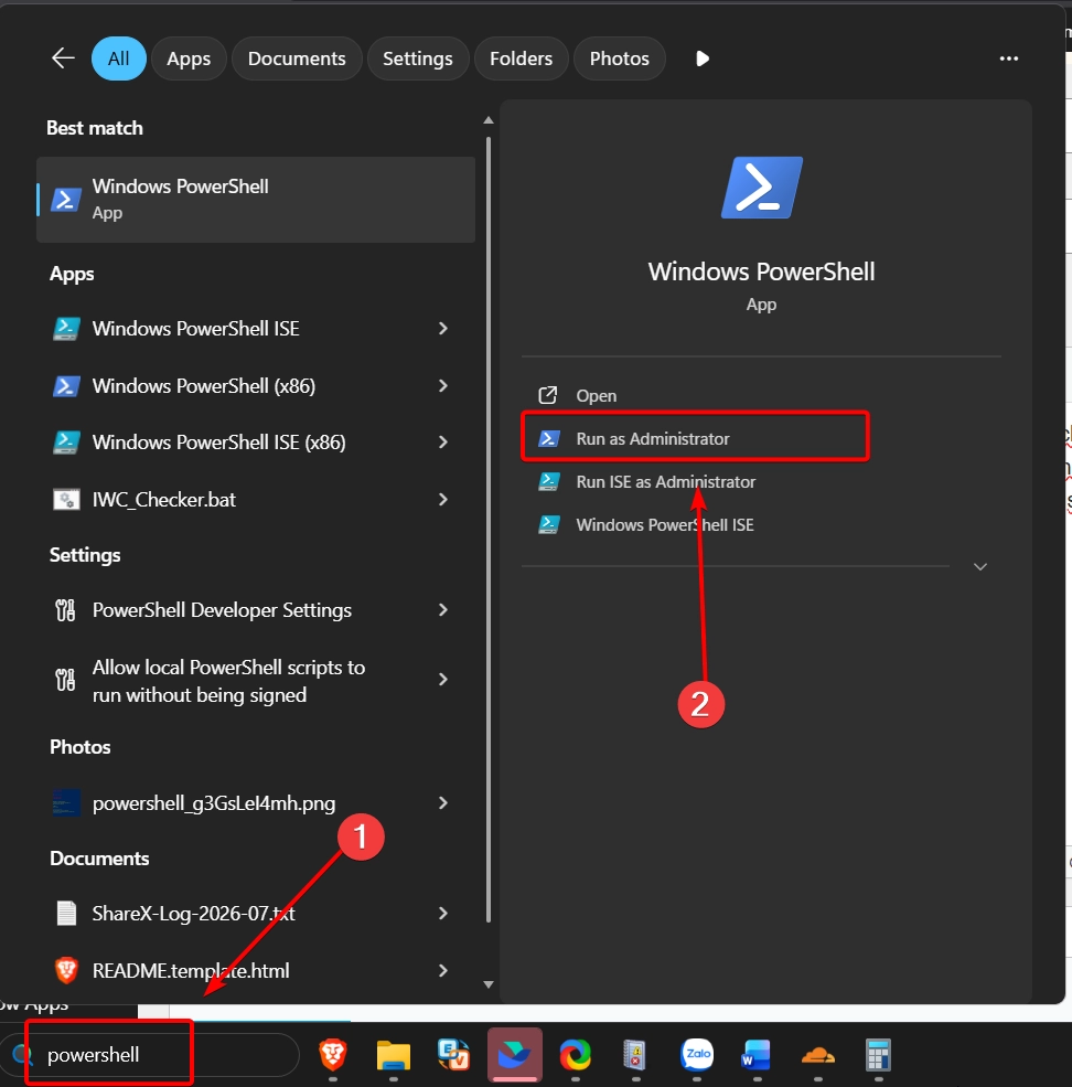 Mở Powershell bằng quyền Admin