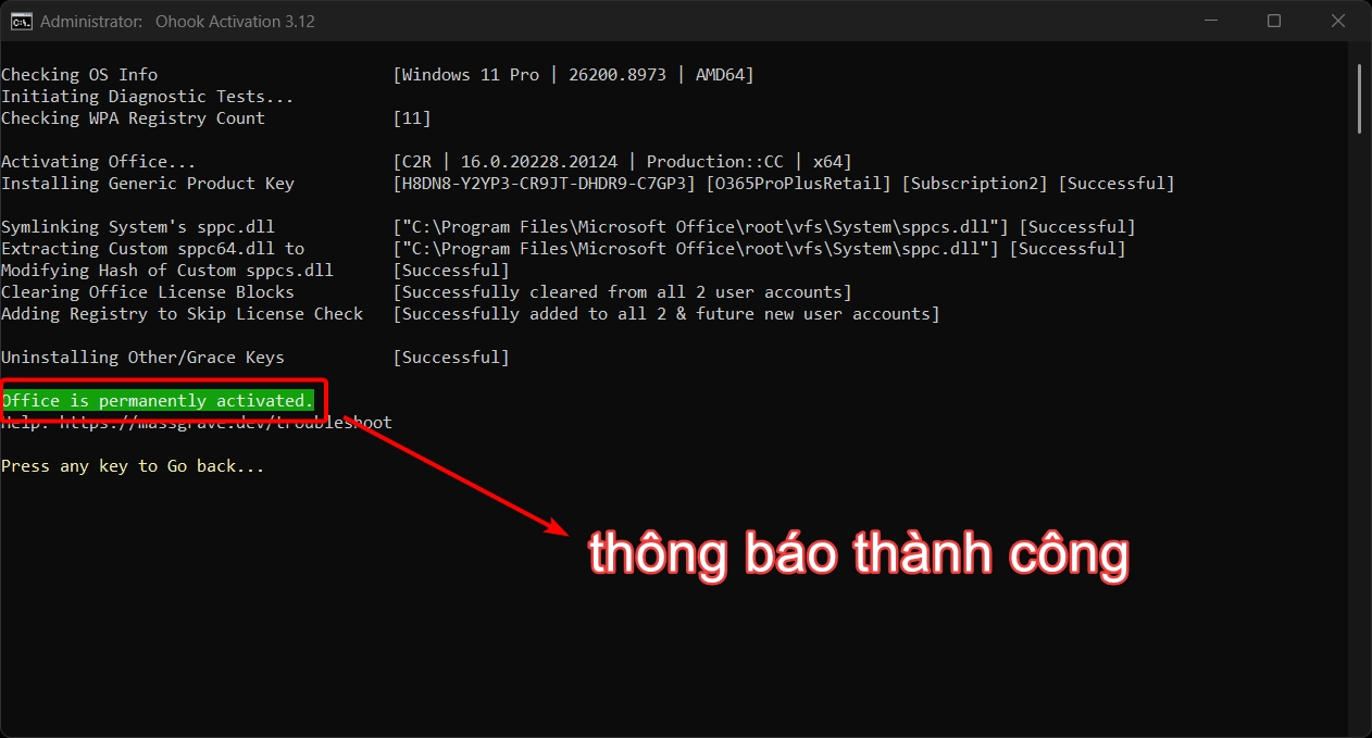 Thông báo kích hoạt Office thành công