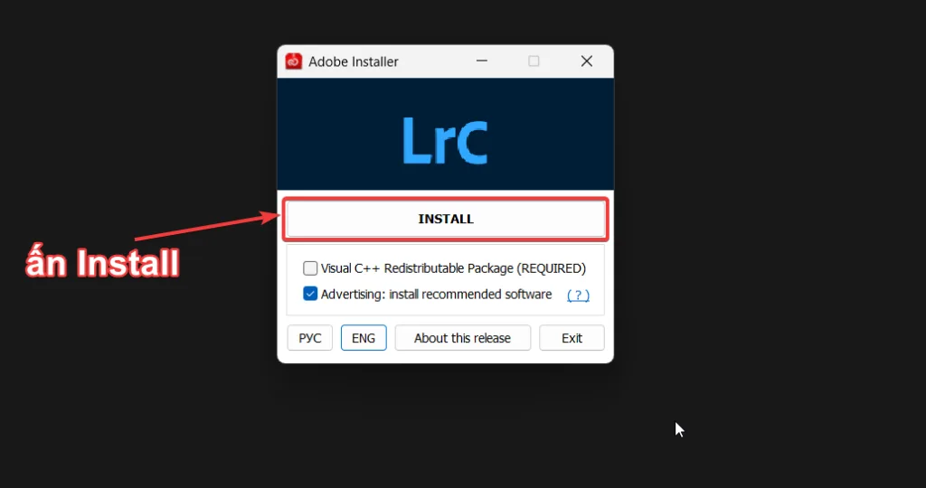 Ấn Install để bắt đầu cài đặt Adobe Lightroom