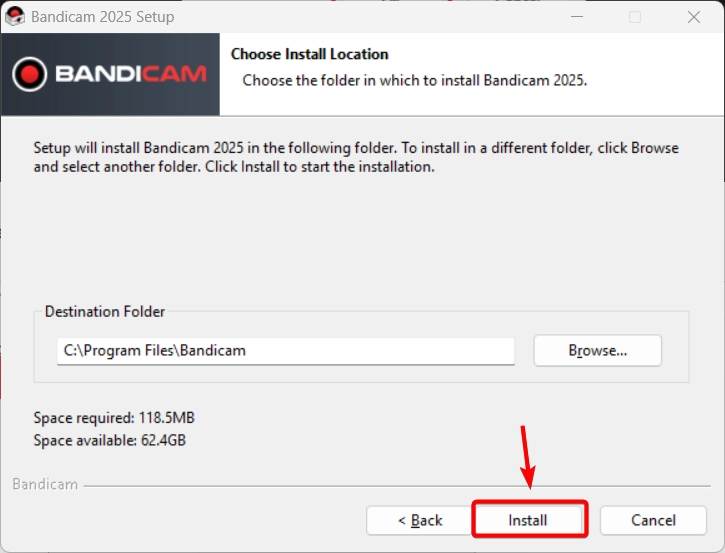 Ấn Install để cài Bandicam