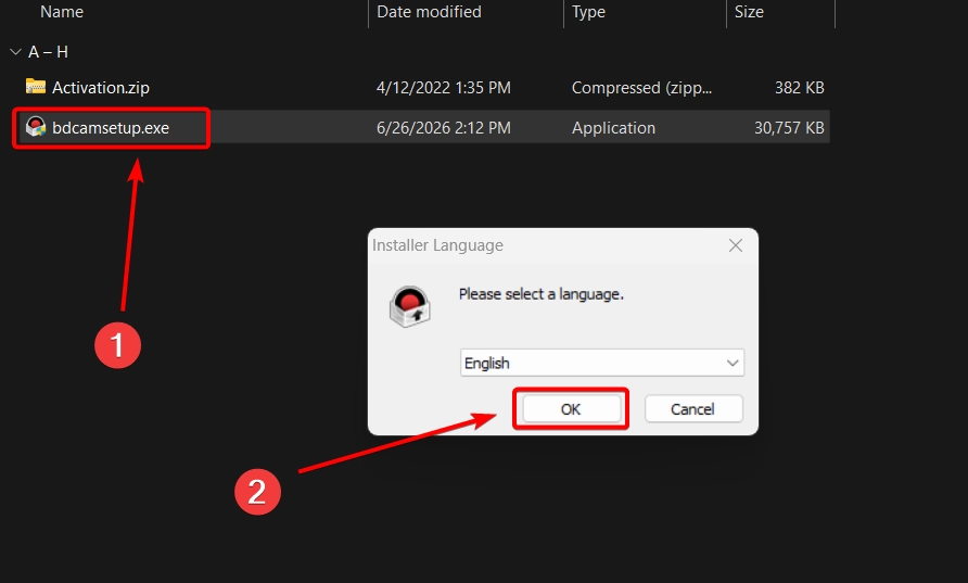 Chạy file cài đặt Bandicam