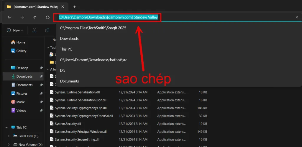 Sao chép đường dẫn thư mục Stardew Valley