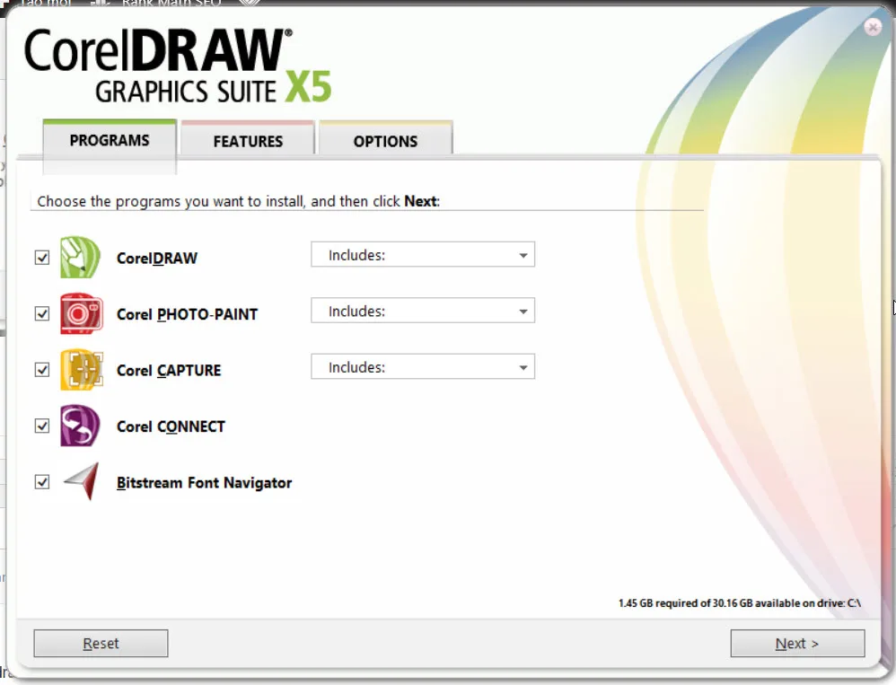 Tải CorelDRAW Graphics Suite X5 Full Miễn Phí Cho Máy Tính Cài đặt chọn phần mềm cần dùng Coreldraw x5