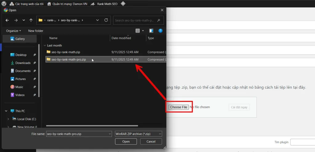 Chọn file zip Rank Math Pro