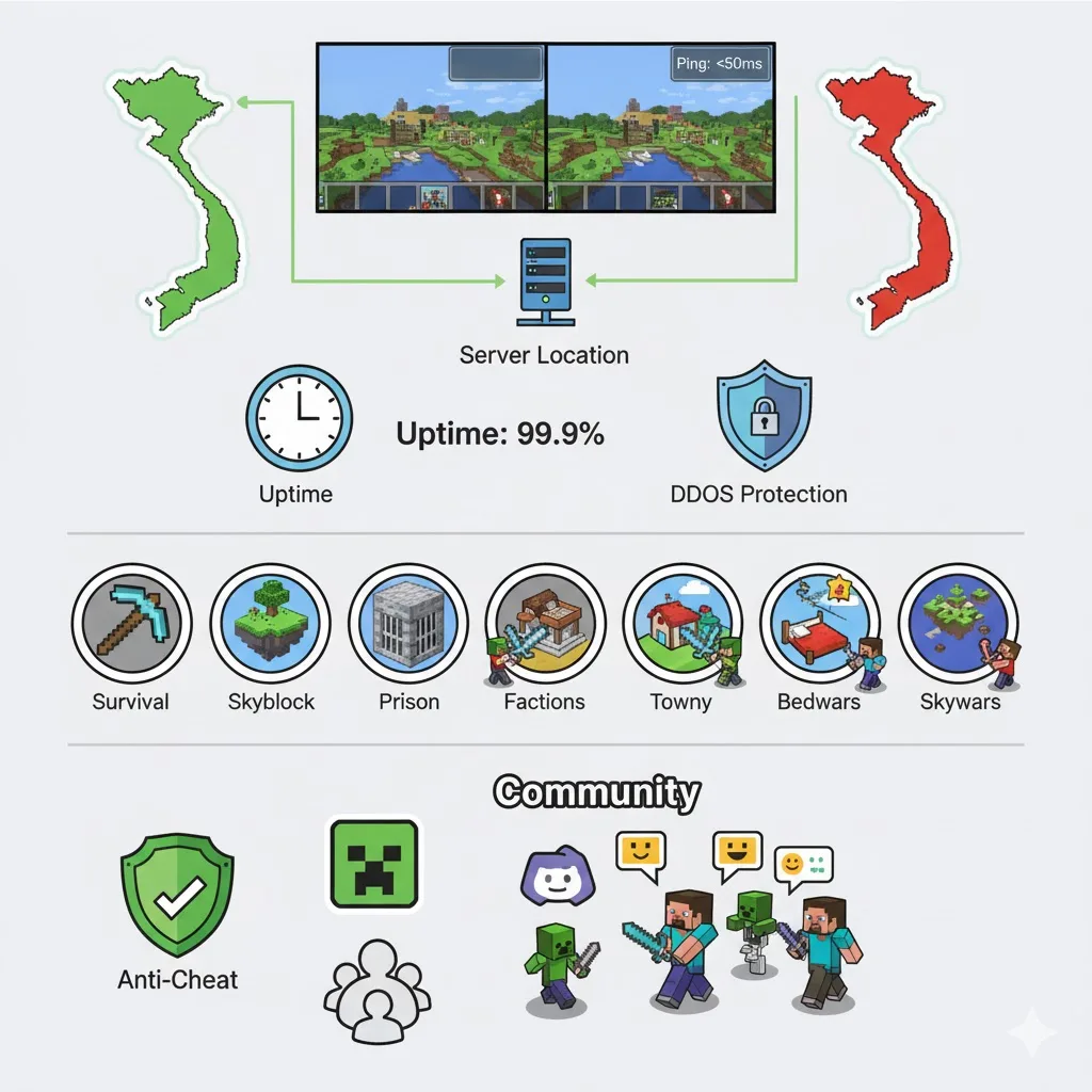 Top Các Server Minecraft Online Hay Nhất (VN & Quốc Tế) 2026 Các tiêu chí lựa chọn một Server Minecraft tốt