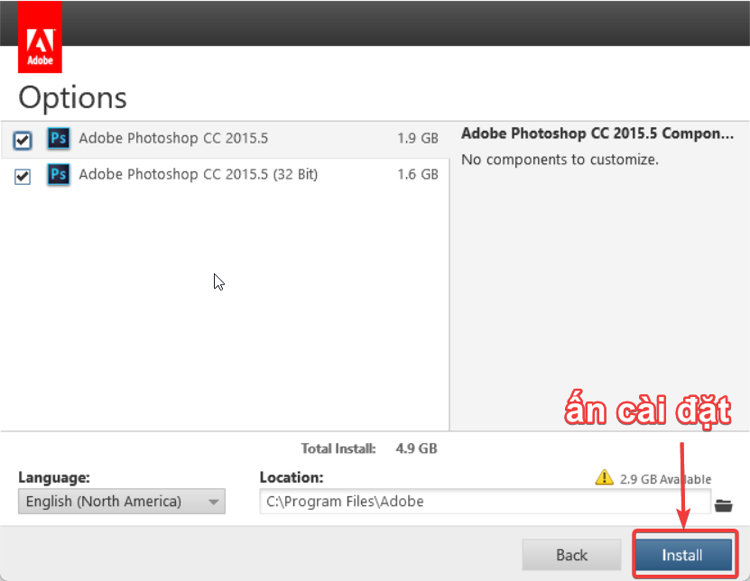 Ấn Install để cài đặt Photoshop CC 2015