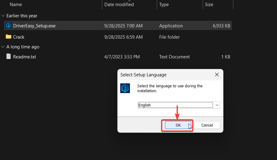 Chạy file setup để cài đặt Driver Easy 