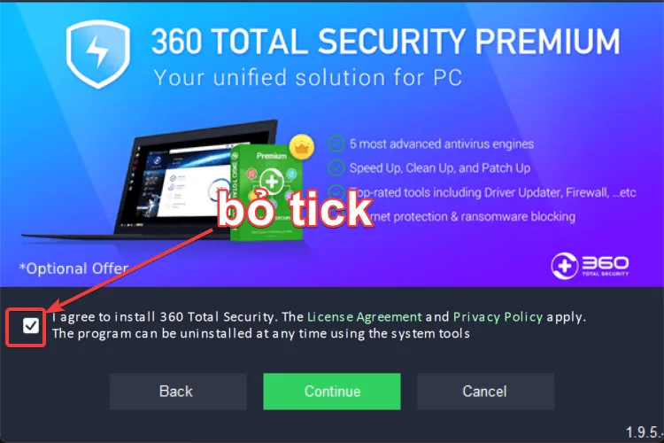 Bỏ tick cài đặt phần mềm trình duyệt