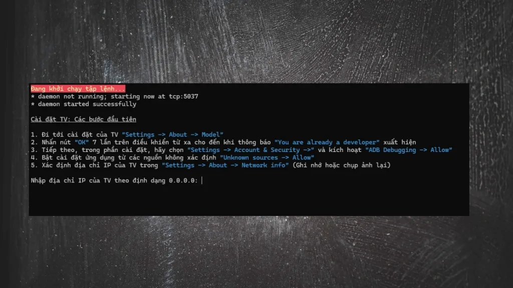 Màn hình script cài tiếng việt