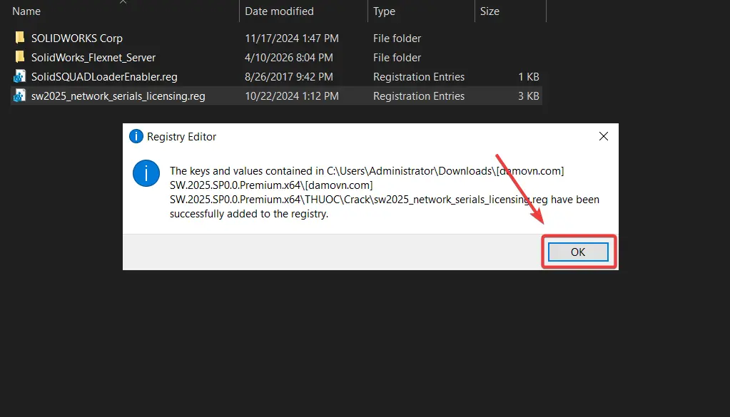 Ấn ok để thêm registry