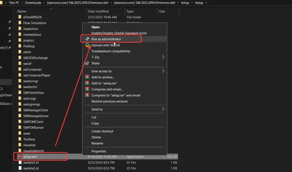 Chạy file setup để cài đặt Solidwork