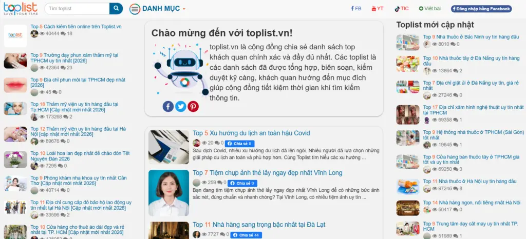 Toplist - đánh giá các địa điểm, dịch vụ