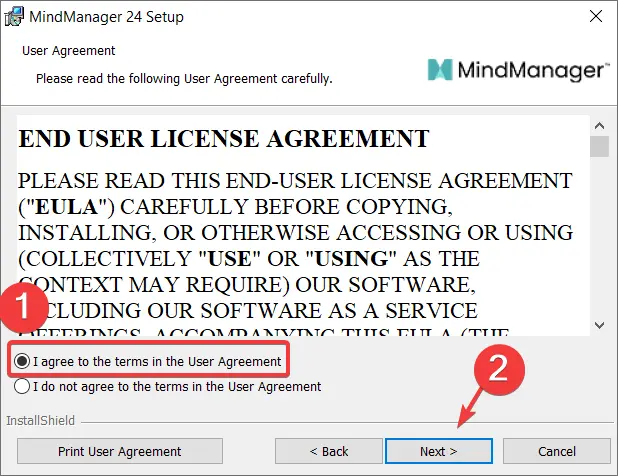 Tải Mindjet MindManager Full tính năng vĩnh viễn Ấn đồng ý điều khoản và ấn Next