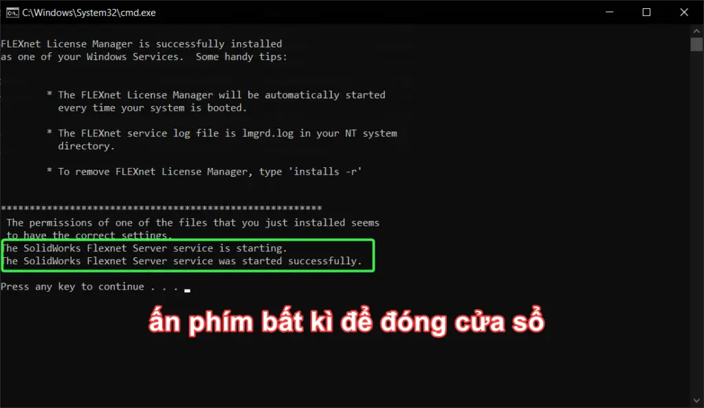 Chạy file tạo server và hiện thông báo