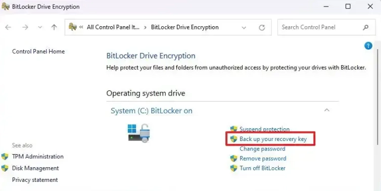 Cách sao lưu khóa khôi phục BitLocker trên Windows 11 Chọn backup your-recovery key