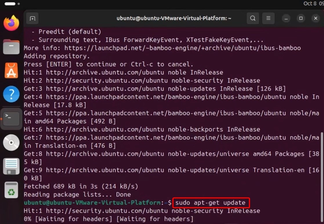 Chạy lệnh cập nhật Ubuntu