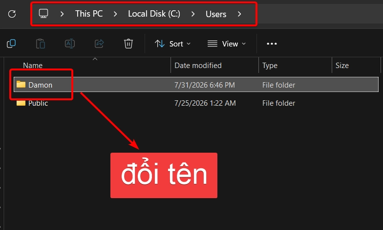 Đổi tên user trong thư mục