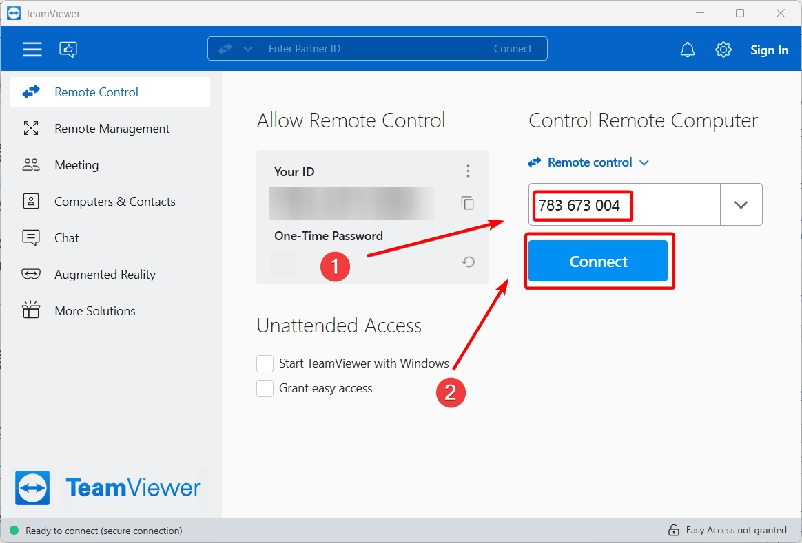 Tải và cài đặt TeamViewer 15.37 full tính năng miễn phí Nhâp ID TeamViewer và ấn Connect